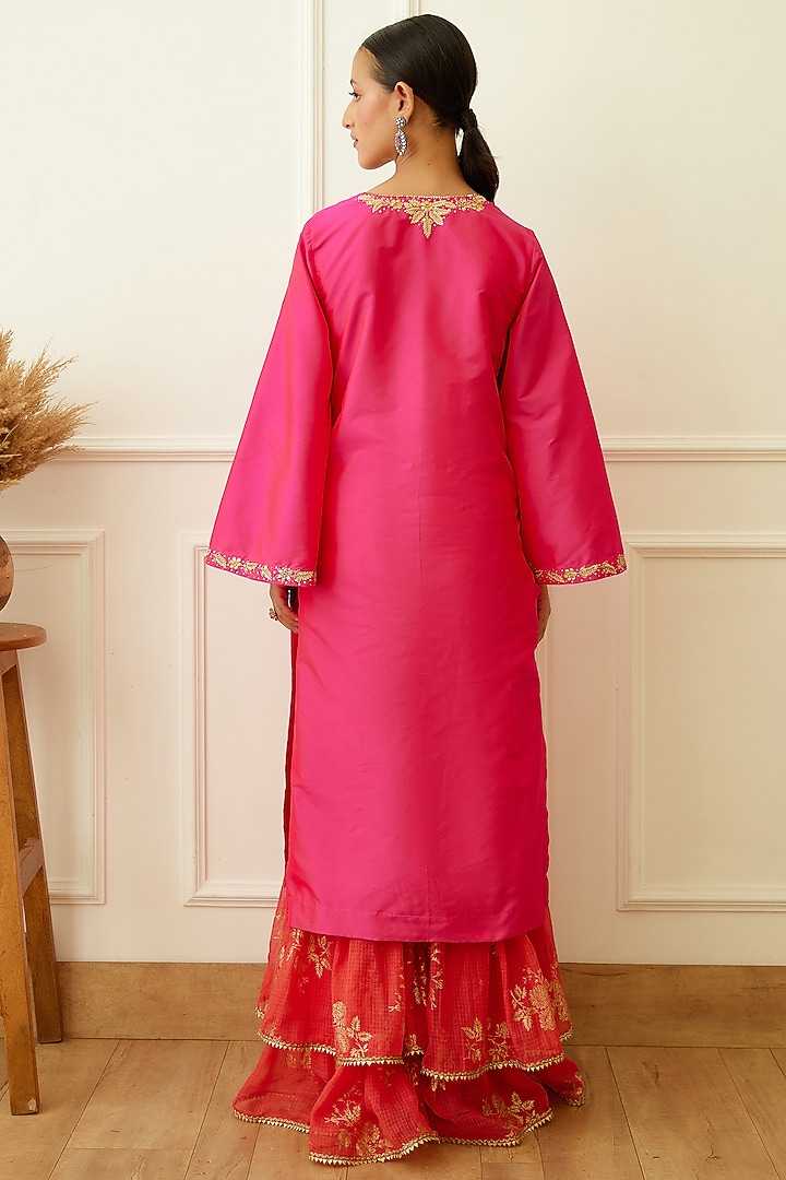 Coral Handwoven Kota Doriya Layered Wedding Sharara Set by Nikasha at Pernia's Pop Up Shop
