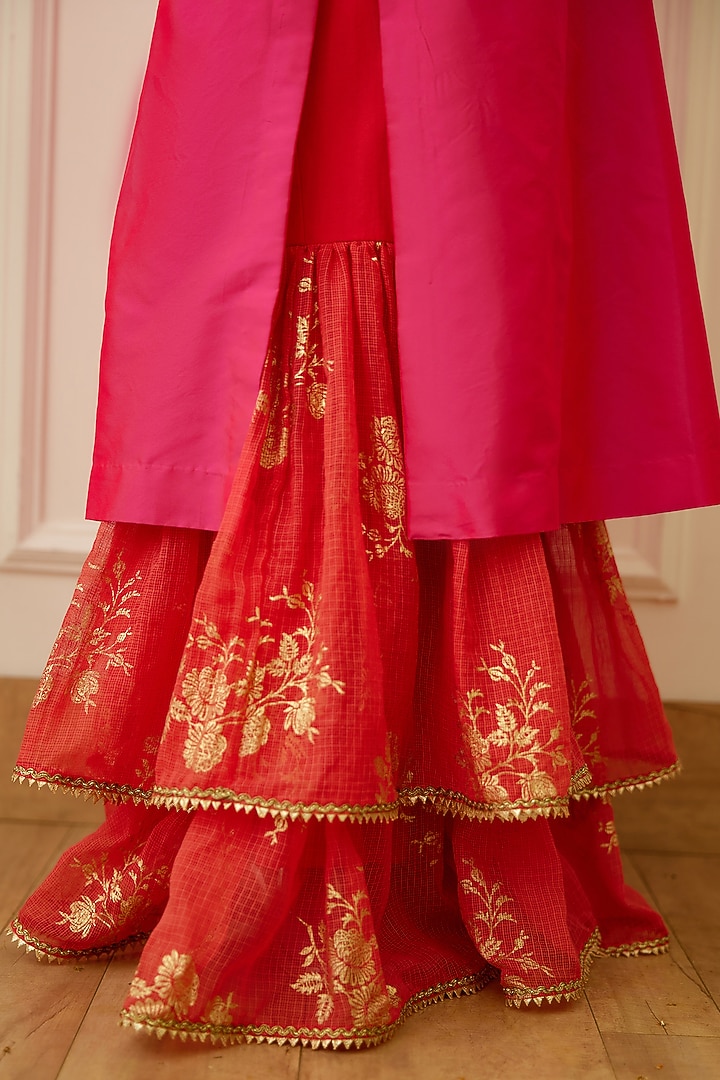 Coral Handwoven Kota Doriya Layered Wedding Sharara Set by Nikasha at Pernia's Pop Up Shop