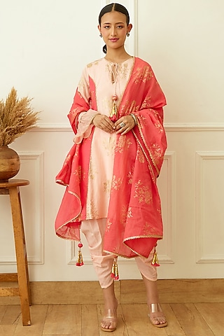 Peach Cotton Dhoti Set by Nikasha