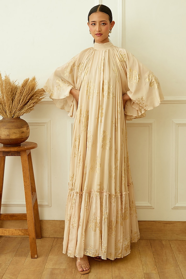 Ivory Viscose Crepe Embroidered Maxi Dress by Nikasha