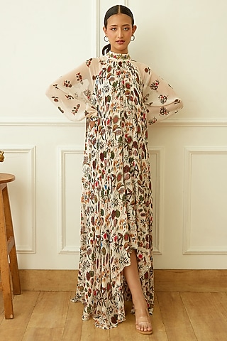 Ivory Viscose Georgette Printed Maxi Dress by Nikasha