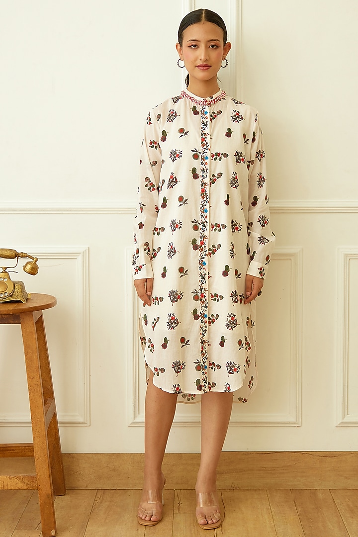 Ivory Cotton Printed Summer Shirt Dress by Nikasha at Pernia's Pop Up Shop