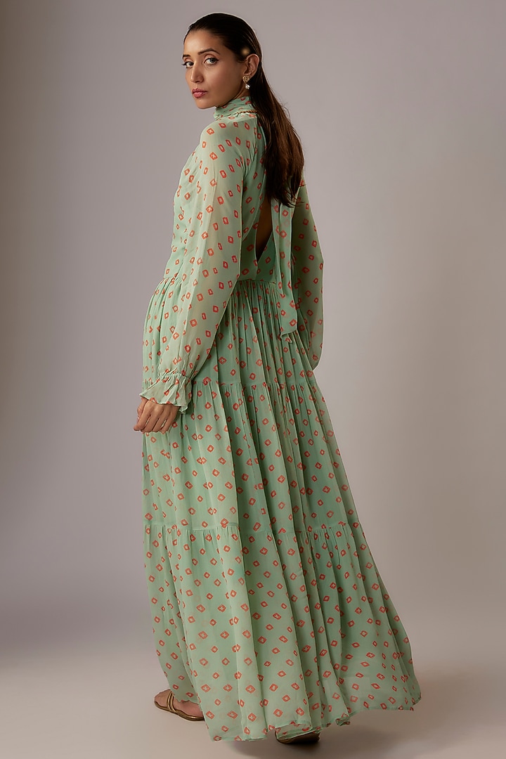 Jade Georgette Bandhani Printed & Hand Embroidered Maxi Vacation Dress by Nikasha at Pernia's Pop Up Shop