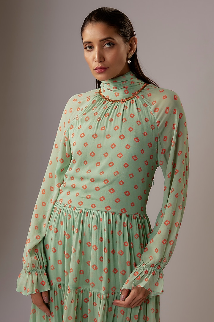 Jade Georgette Bandhani Printed & Hand Embroidered Maxi Vacation Dress by Nikasha at Pernia's Pop Up Shop