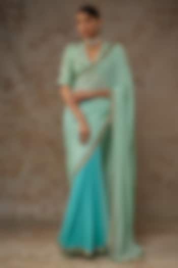 Light Blue & Turquoise Ombre Georgette Coin Embroidered Saree Set by Nikasha