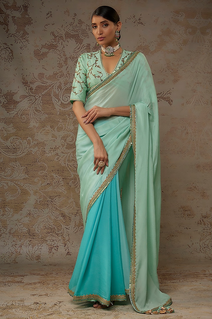Light Blue & Turquoise Ombre Georgette Coin Embroidered Saree Set by Nikasha
