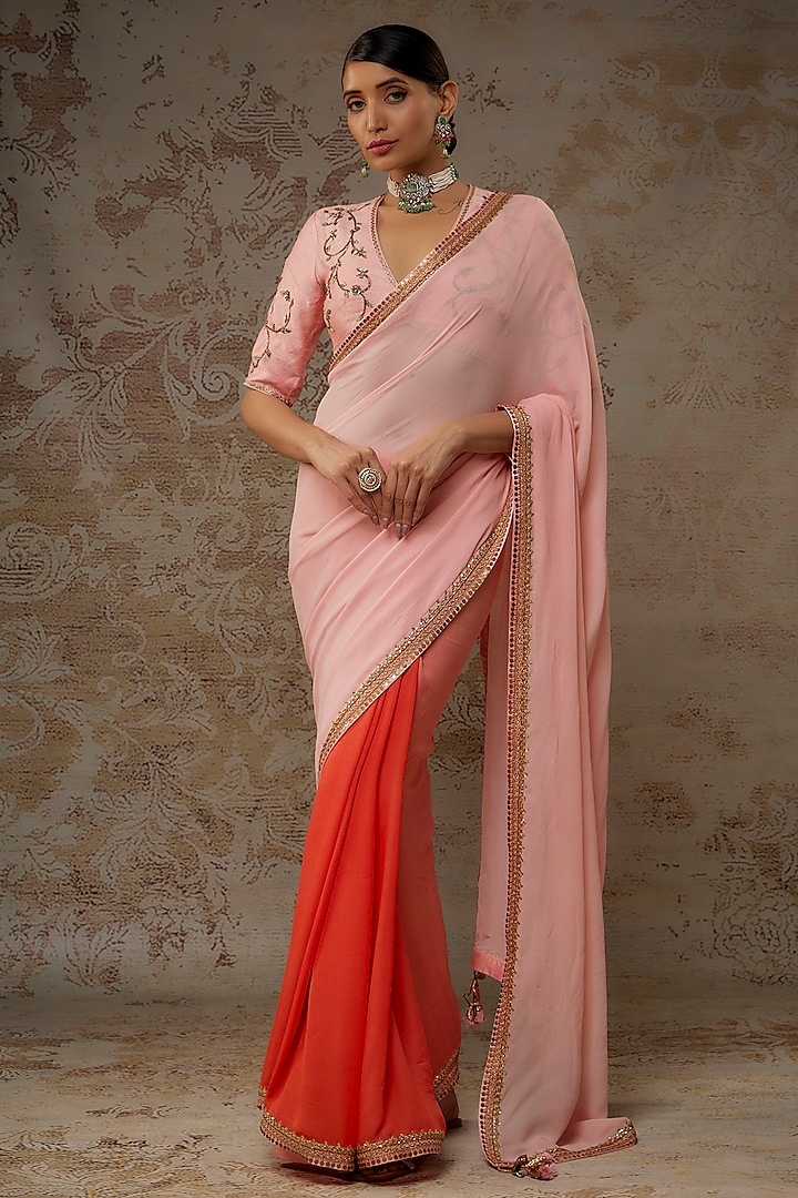 Pink & Gajari Ombre Georgette Coin Embroidered Saree Set by Nikasha