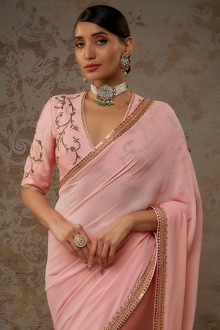 Pink & Gajari Ombre Georgette Coin Embroidered Wedding Saree Set by Nikasha at Pernia's Pop Up Shop
