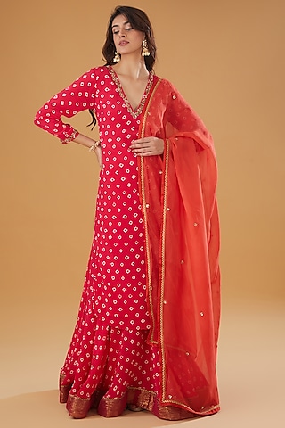 Rani Pink Crepe Bandhani Printed Lehenga Set by Nikasha