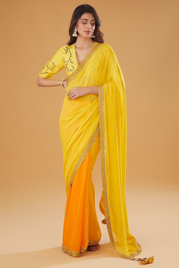 Yellow Ombre Georgette Coin Embroidered Saree Set by Nikasha