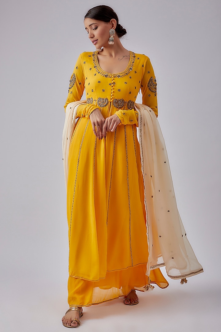 Yellow Georgette Embroidered Wedding Anarkali Set by Nikasha at Pernia's Pop Up Shop