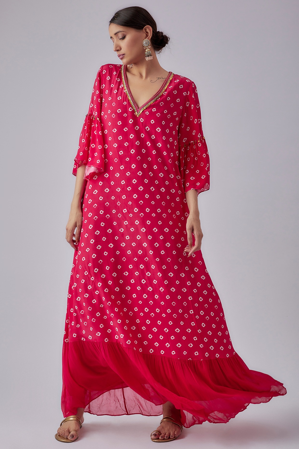 Red bandhani flared dress by Athira Designs | The Secret Label