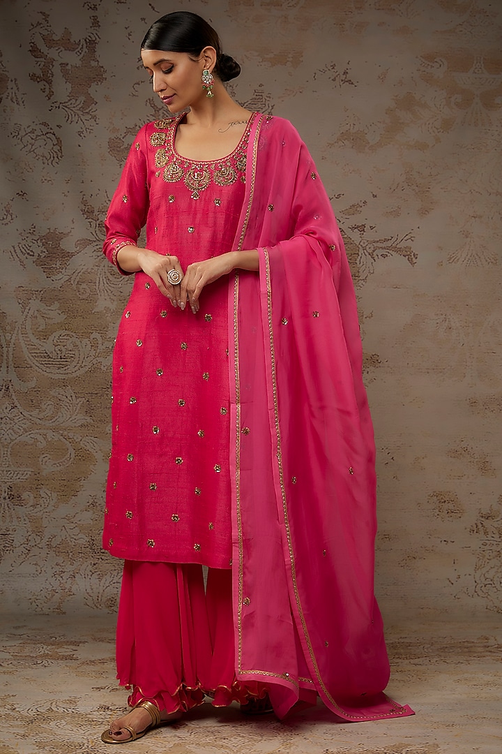 Rani Pink Georgette Layered Sharara Set by Nikasha