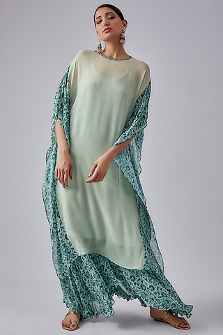 Sea Blue & Turquoise Embroidered Tunic Set by Nikasha
