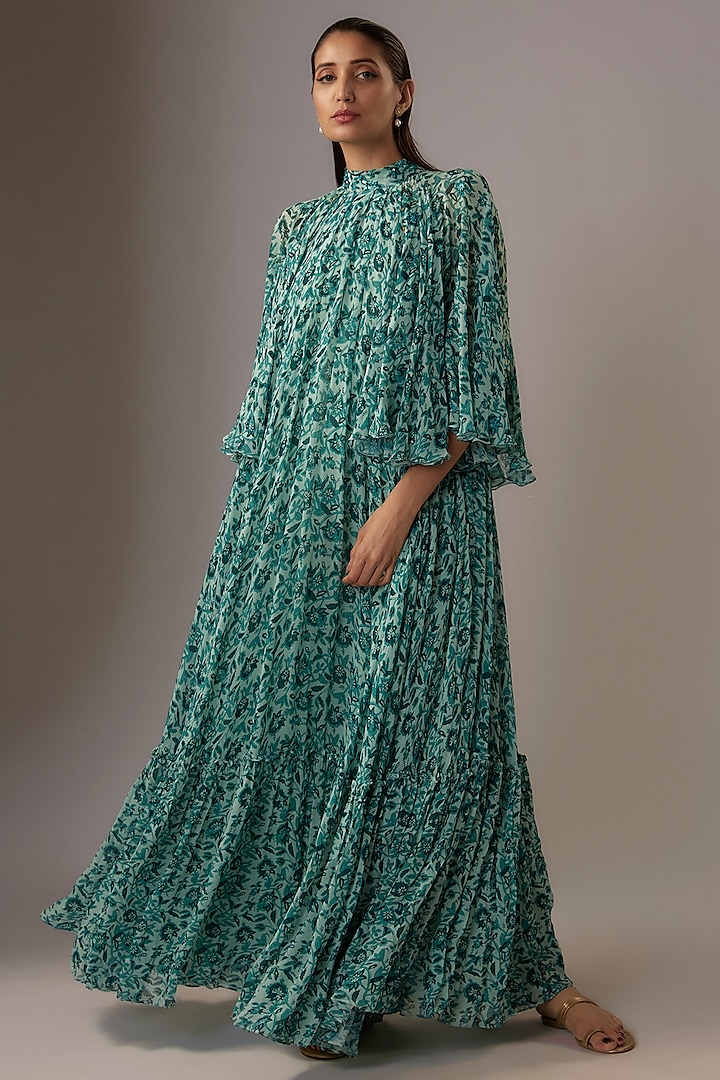 Sea Blue & Turquoise Georgette Floral Printed Cape Dress by Nikasha