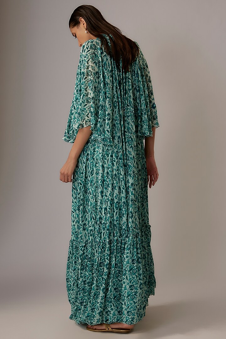 Sea Blue & Turquoise Georgette Floral Printed Cape Cocktail Dress by Nikasha at Pernia's Pop Up Shop