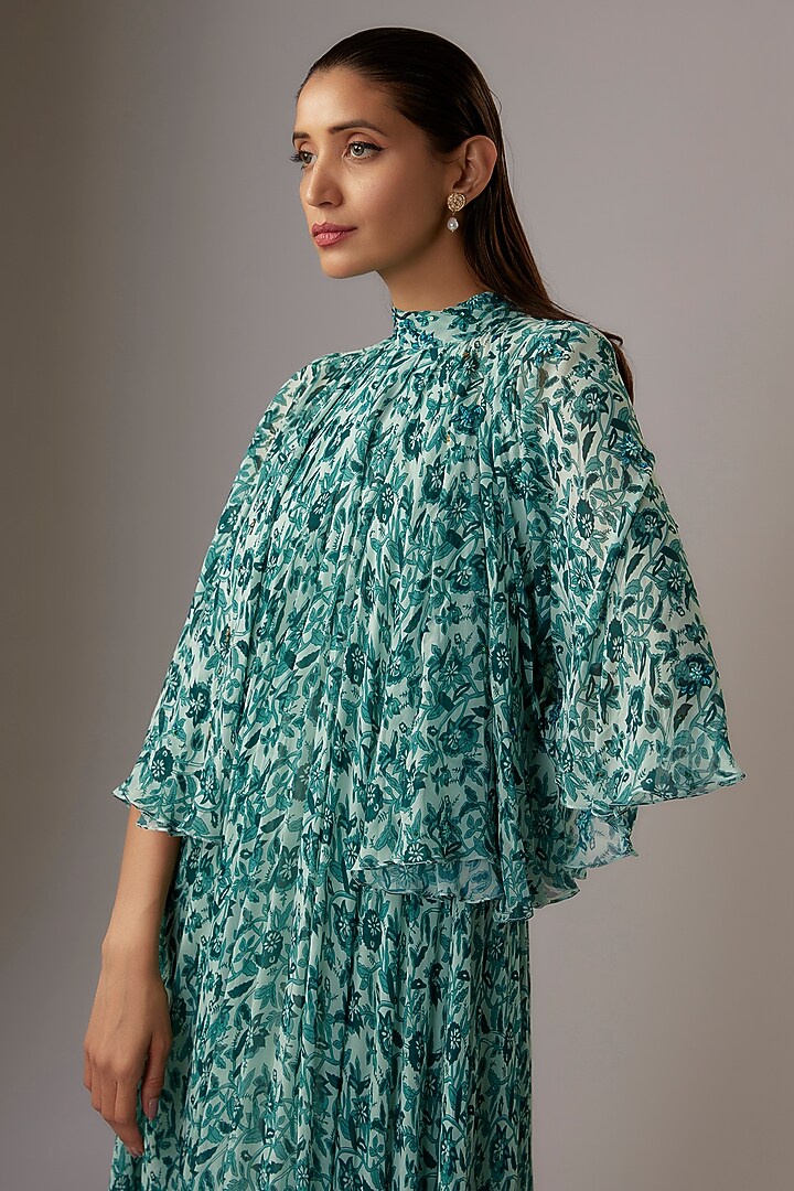 Sea Blue & Turquoise Georgette Floral Printed Cape Cocktail Dress by Nikasha at Pernia's Pop Up Shop