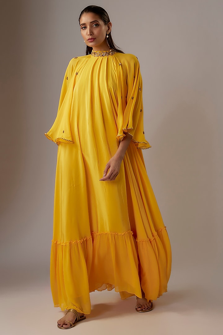 Yellow Crepe Sequins Embroidered Cape Dress by Nikasha