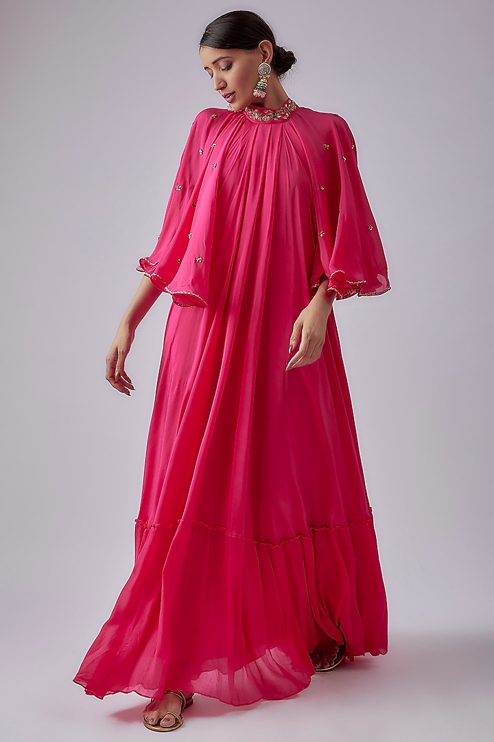 Rani Pink Viscose Crepe Cape Dress by Nikasha