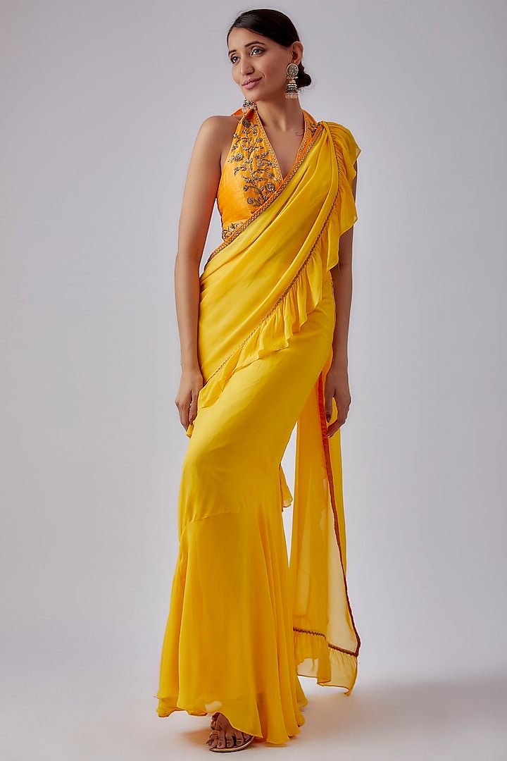 Yellow Viscose Georgette Ruffled Saree Set by Nikasha