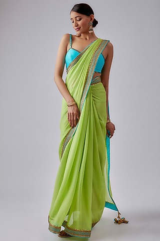 Pista Green Viscose Georgette Embroidered Saree Set by Nikasha