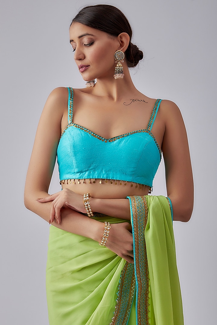 Pista Green Viscose Georgette Embroidered Party Wear Saree Set by Nikasha at Pernia's Pop Up Shop