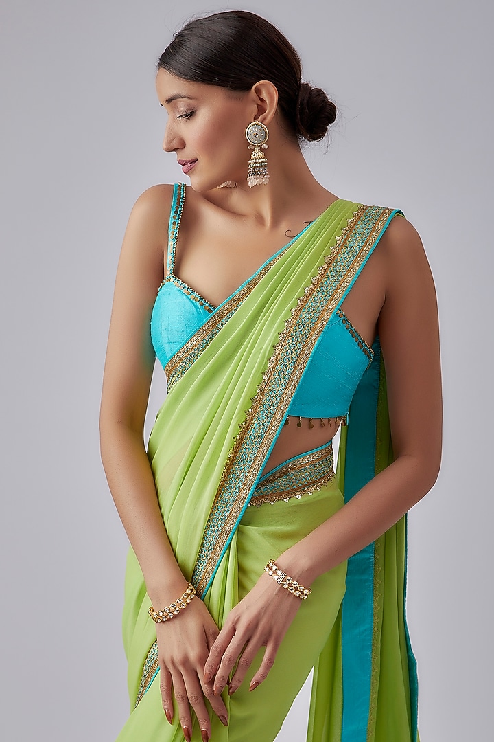 Pista Green Viscose Georgette Embroidered Party Wear Saree Set by Nikasha at Pernia's Pop Up Shop
