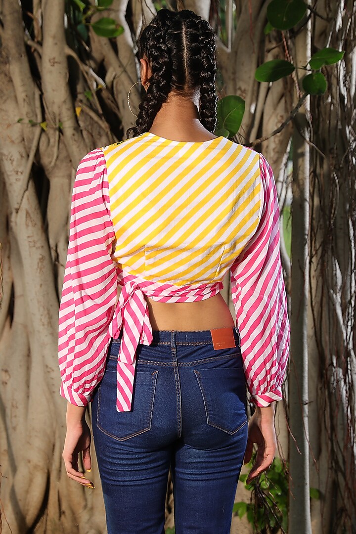 Mithai Pink & Yellow Hand Embroidered Wrap-Around Top by Nikasha at Pernia's Pop Up Shop