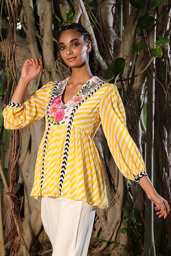 Pitambari Yellow & White Embroidered Top by Nikasha at Pernia's Pop Up Shop