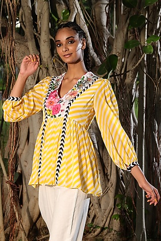 Pitambari Yellow & White Embroidered Top by Nikasha