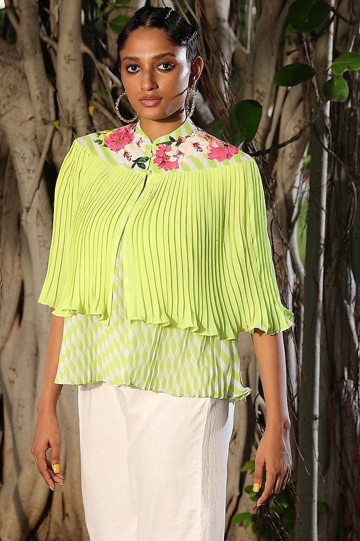 Totia Lime & White Hand Embroidered Cape With Top by Nikasha at Pernia's Pop Up Shop