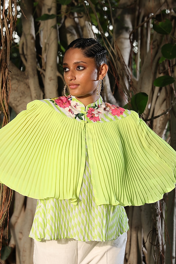 Totia Lime & White Hand Embroidered Cape With Top by Nikasha at Pernia's Pop Up Shop