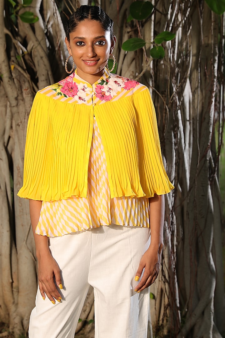 Pitambari Yellow & White Hand Embroidered Cape With Top by Nikasha at Pernia's Pop Up Shop