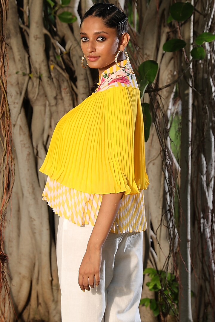 Pitambari Yellow & White Hand Embroidered Cape With Top by Nikasha at Pernia's Pop Up Shop