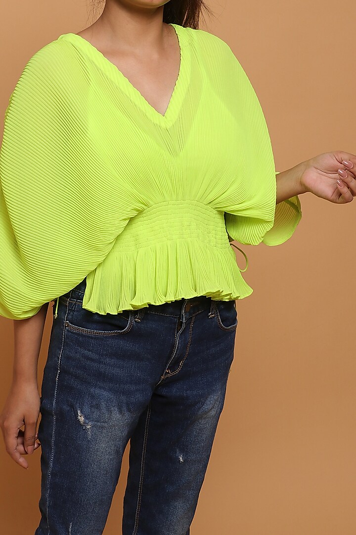 Totia Lime Georgette Pleated Kaftan Top by Nikasha at Pernia's Pop Up Shop