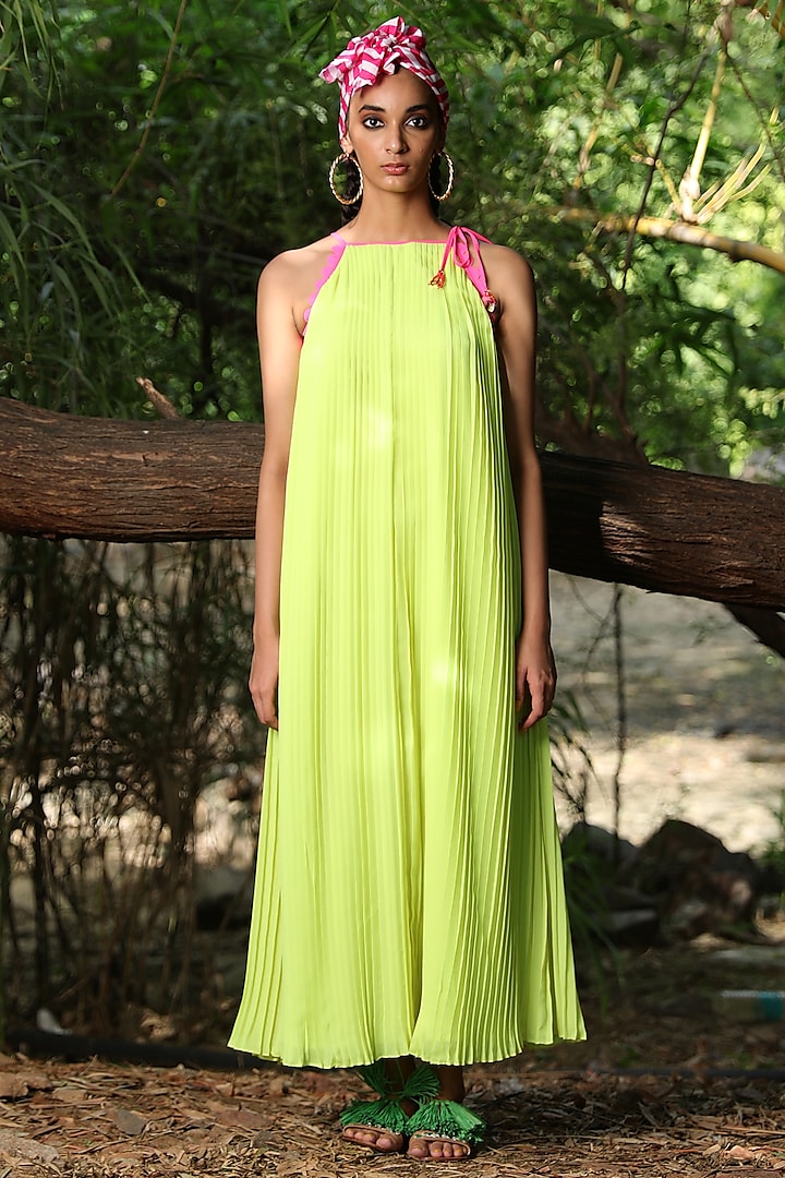 Nikasha Totiya Lime Georgette Pleated Halter Dress for Women at Pernia s Pop Up Shop