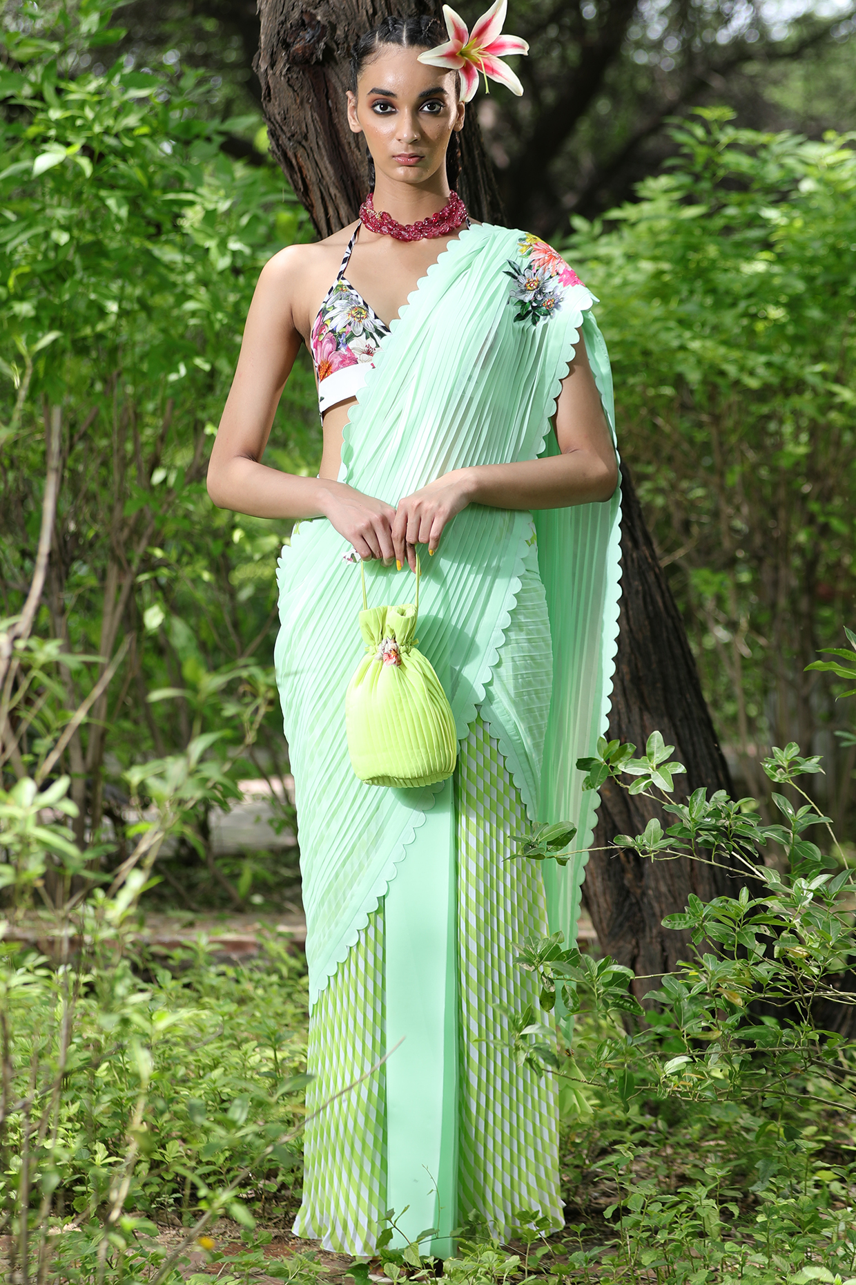 Totia Lime & Pista Georgette Applique Work Pleated Party Wear Saree Set by Nikasha at Pernia's Pop Up Shop