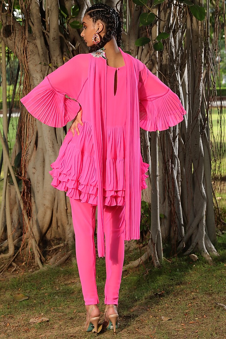 Hot Pink Digital Printed Tiered Kurta Set by Nikasha at Pernia's Pop Up Shop