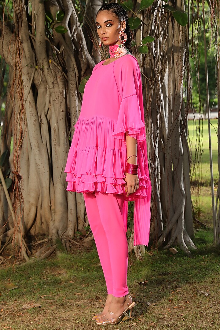 Hot Pink Digital Printed Tiered Kurta Set by Nikasha at Pernia's Pop Up Shop
