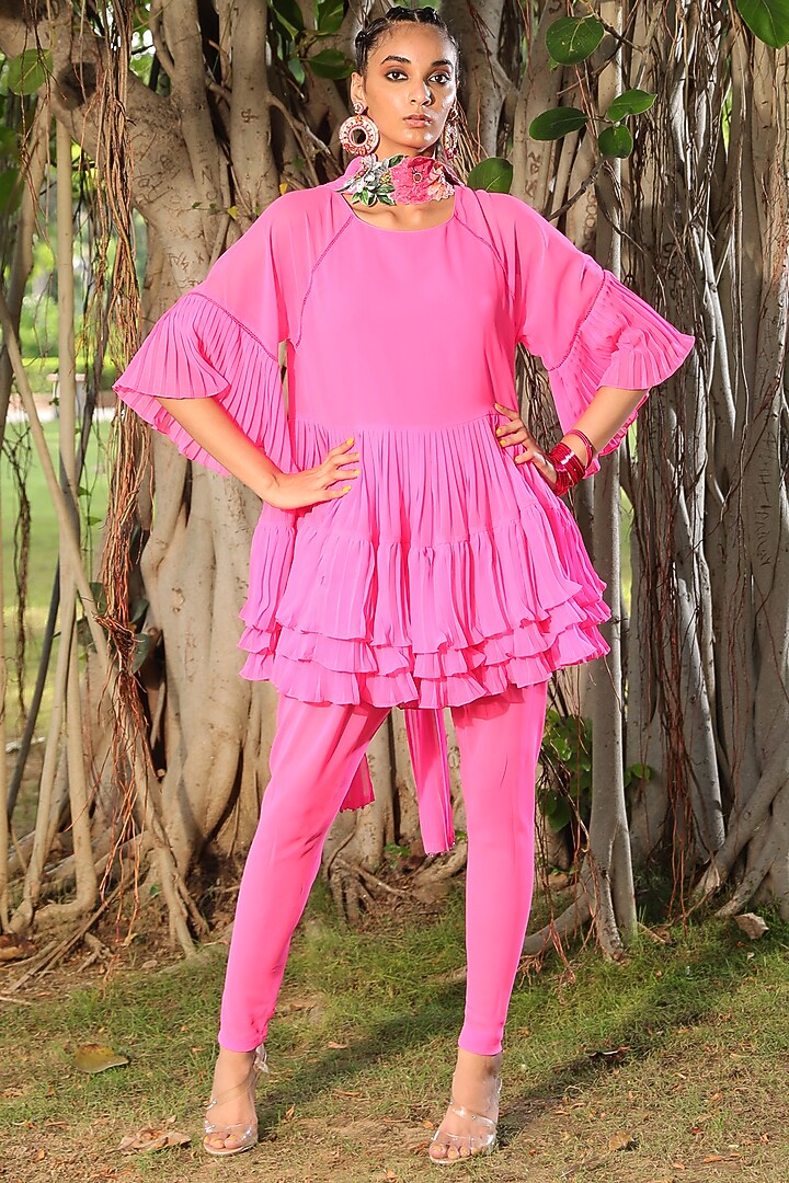 Hot Pink Digital Printed Tiered Kurta Set by Nikasha at Pernia's Pop Up Shop