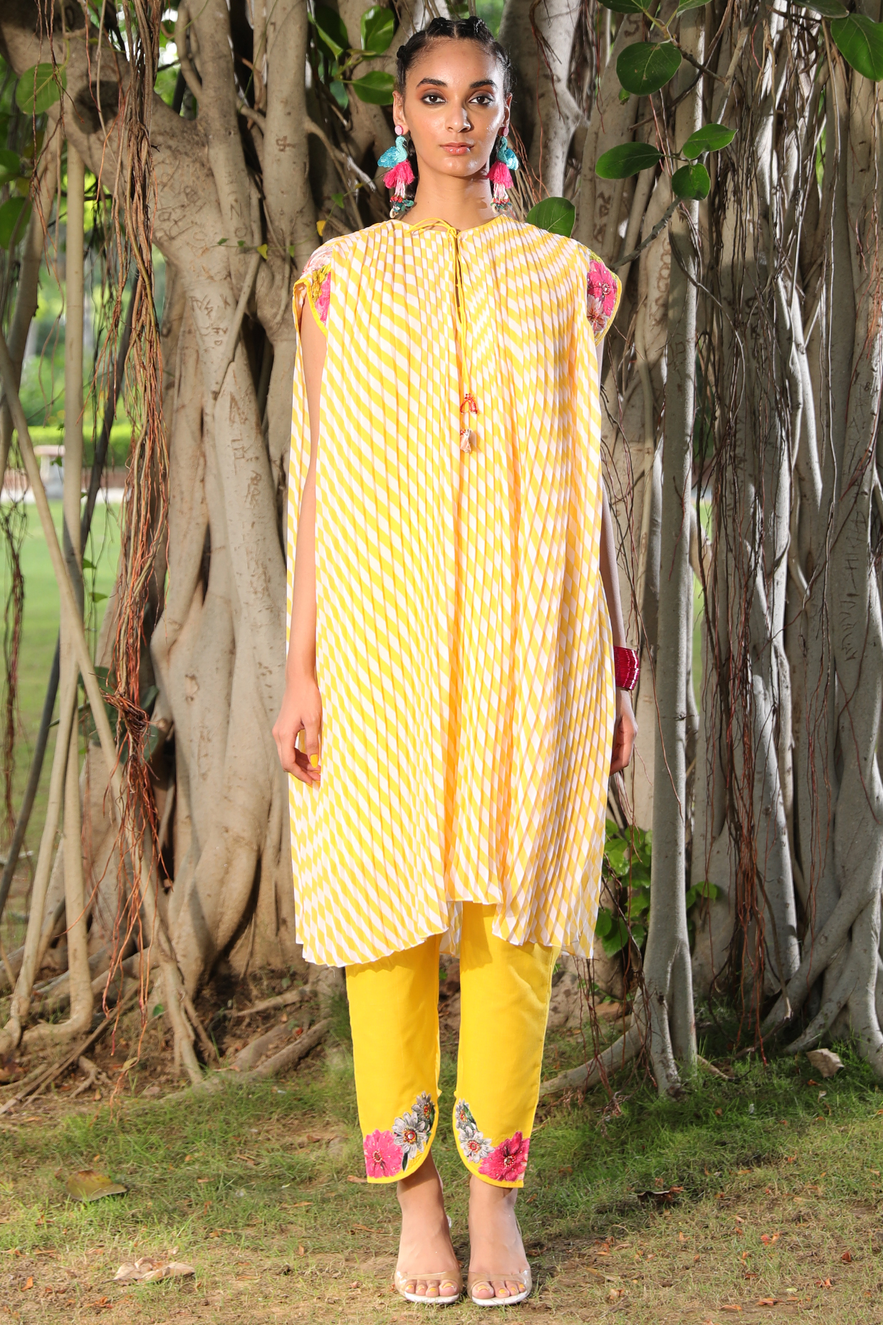 Pitambari Yellow Hand Embroidered Pleated Kaftan Tunic Set by Nikasha at Pernia's Pop Up Shop