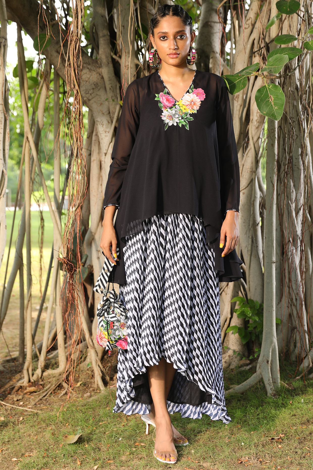 Black Leheriya Digital Printed Asymmetrical Tunic Set by Nikasha at Pernia's Pop Up Shop