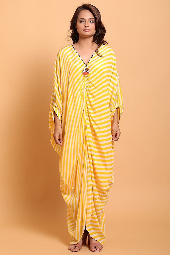 Yellow & White Crepe Sarong Kaftan Dress by Nikasha