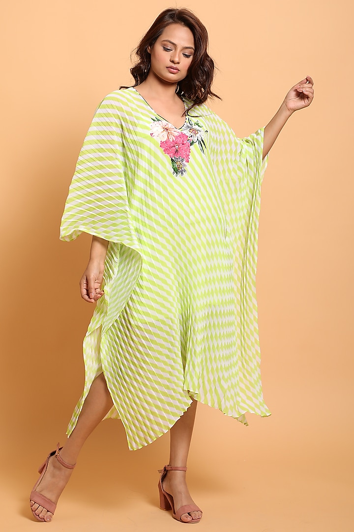 Totia Lime & White Embroidered Pleated Leheriya Kaftan by Nikasha