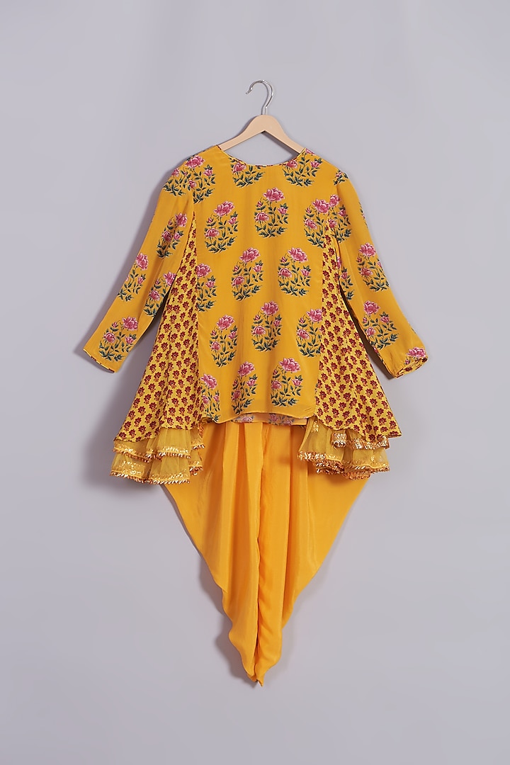 Ochre Yellow Floral Motif Printed Kurta Set For Girls by Nikasha Kidswear