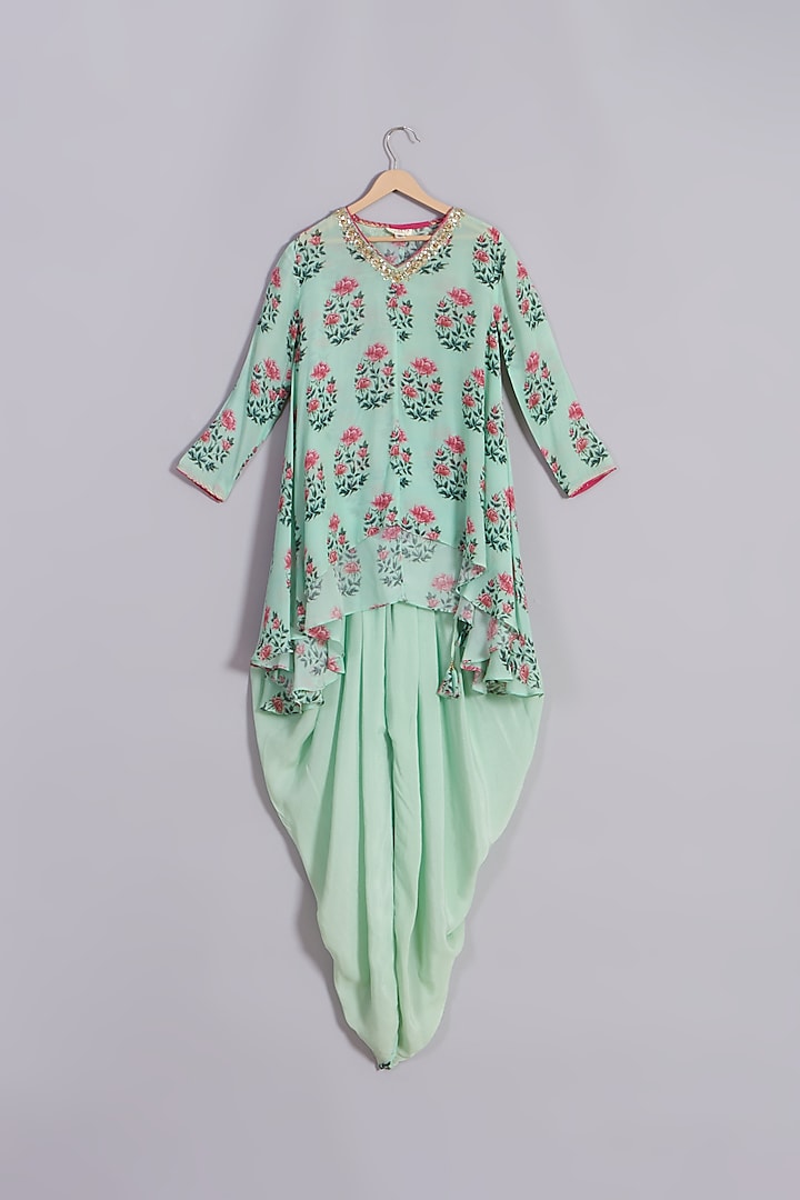 Pista Green Floral Printed Kurta Set For Girls by Nikasha Kidswear