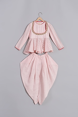 Light Pink Printed Peplum Kurta Set For Girls by Nikasha Kidswear