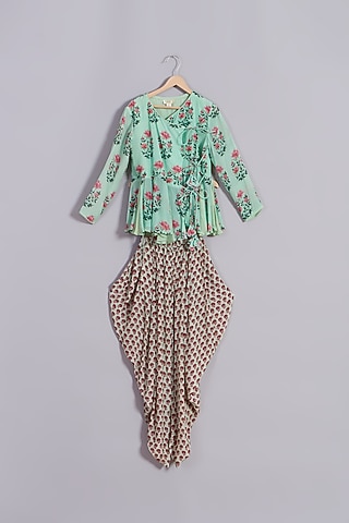 Pista Green Floral Motif Printed Kurta Set For Girls by Nikasha Kidswear