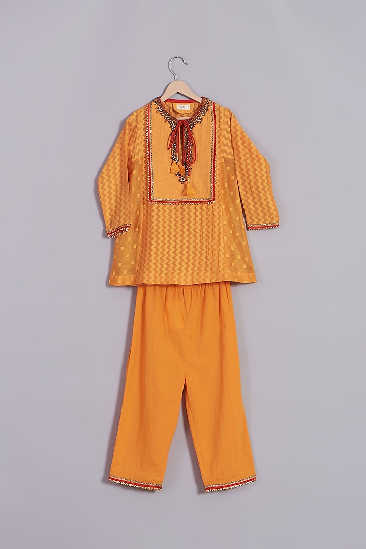 Orange Cotton Kurta Set For Girls by Nikasha Kidswear