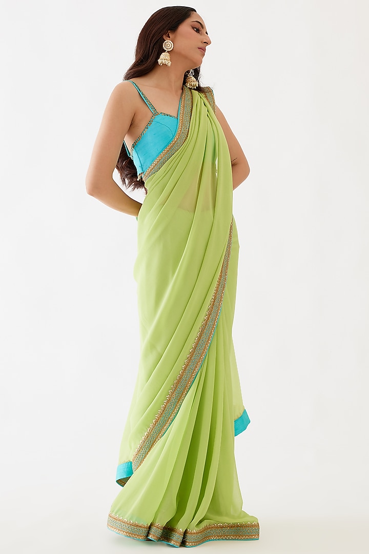 Pista Green Embroidered Saree Set by Nikasha